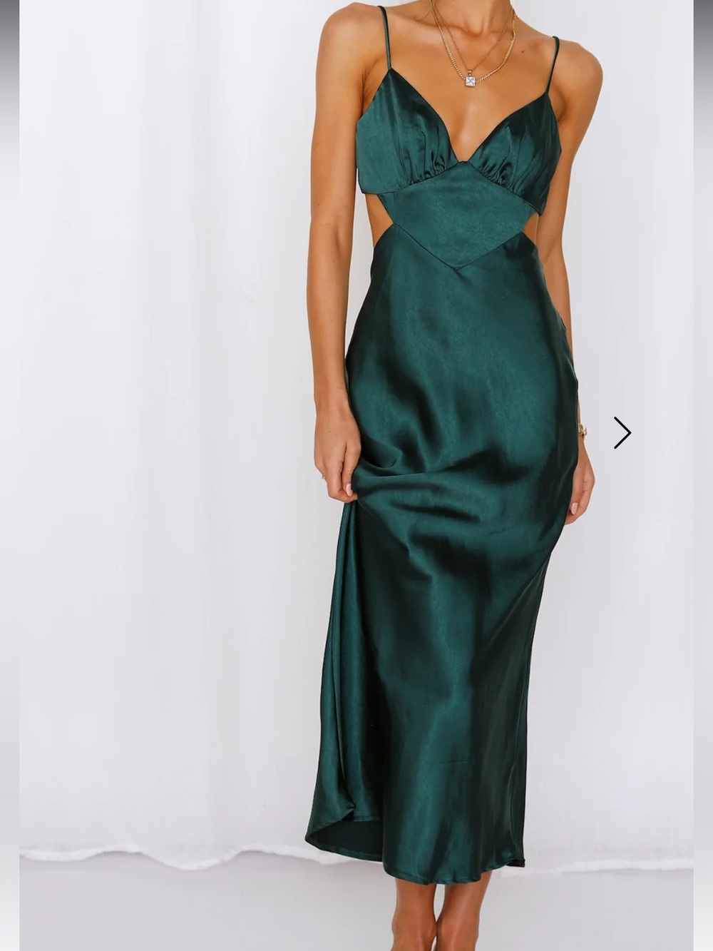 Hello Molly “Thanks I Bought It” Satin Cutout Midi Dress in Deep Green